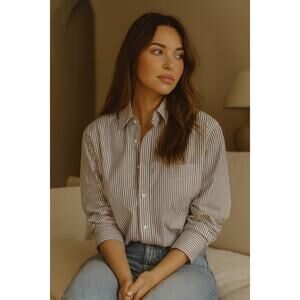 Stateside Striped Cotton Poplin Button Down White Brown Shirt - Small